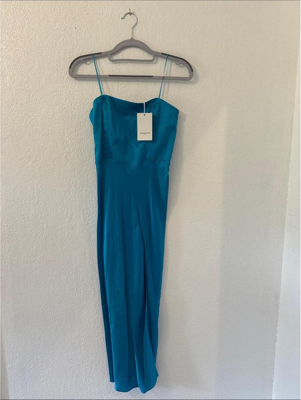 Amanda Uprichard Teal Mandy Strapless Silk Midi Dress - Picture 2 of 6